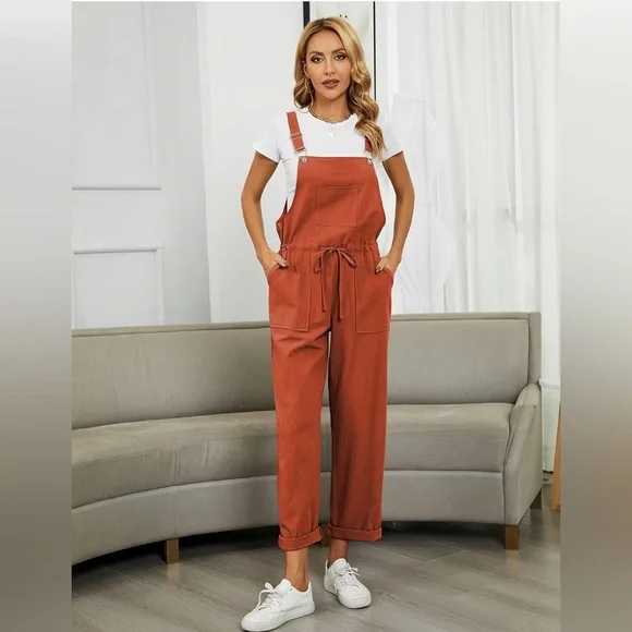 Womens Bib Overalls Adjustable Strap Drawstring Cotton Linen Jumpsuits - Picture 2 of 7